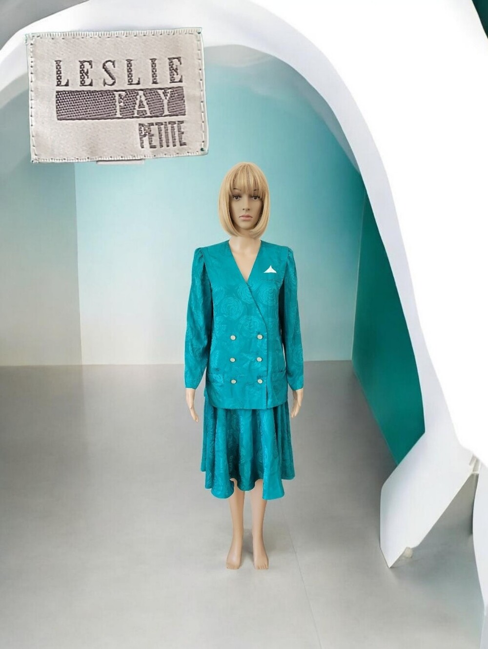 Vintage 80s/90s Leslie Fay Petite Line, Skirt Suit Set, Teal, 10, VGUC